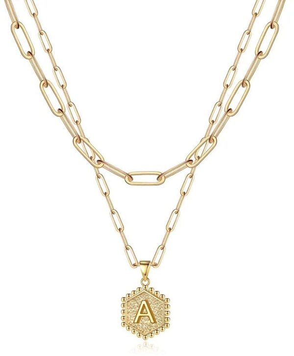 Dainty Layered Initial Necklaces for Women, 14K Gold Plated Paperclip Chain Necklace Simple Cute Hexagon Letter Pendant Initial Choker Necklace Gold Layered Necklaces for Women 8 Product image