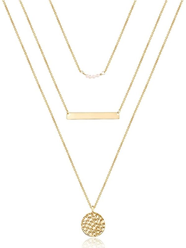 Dainty Layered Choker Necklace, Handmade 14K Gold Plated Y Pendant Necklace Multilayer Bar Disc Necklace Adjustable 6 Product image