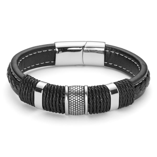 Black Leather & Silver-Tone Stainless Steel Icon Bracelet - Men
