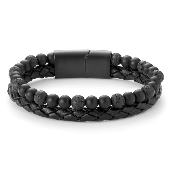 Black Lava Stone & Leather Icon Bracelet - Men