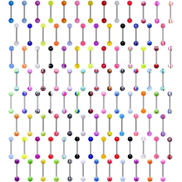 100 Different Stainless Steel UV Acrylic Ball Barbell Tongue Rings 14 Gauge 5/8" 7 Product image