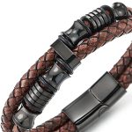 Mens Double-Row Black Braided Leather Bracelet Bangle Wristband with Black Stainless Steel Ornaments 2 Mens Double-Row Black Braided Leather Bracelet Bangle Wristband with Black Stainless Steel Ornaments