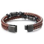 Mens Double-Row Black Braided Leather Bracelet Bangle Wristband with Black Stainless Steel Ornaments 3 Mens Double-Row Black Braided Leather Bracelet Bangle Wristband with Black Stainless Steel Ornaments