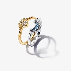Celestial Sun & Moon Ring Set Sparkling Sun Ring/Blue Moon Ring