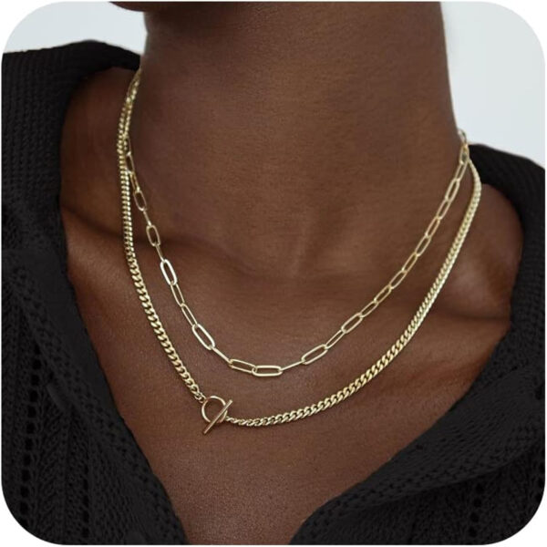 Gold Layered Necklaces for Women, 14K Dainty Gold Chain Necklace Women Trendy Cuban Link Paperclip Chain Toggle Clasp