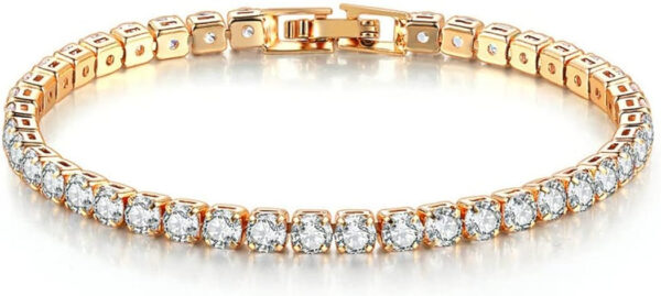 Men's 18K Round Cut Diamond Tennis Chain Tennis Bracelet Necklace, Real Gold Rhodium Plated Iced Out Prong Setting 5A Cubic