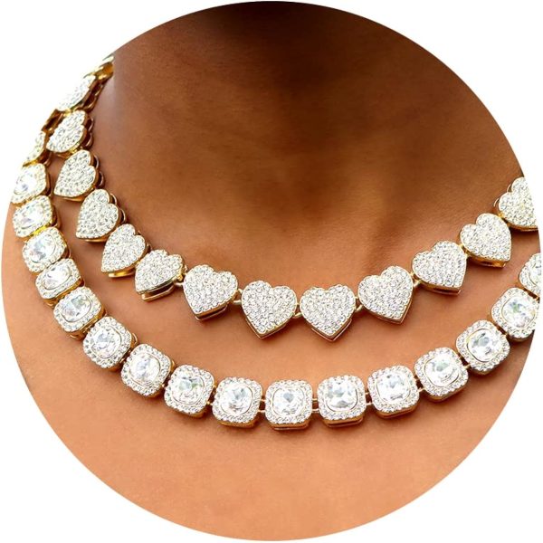 2PCS Clustered Diamond Tennis Chain Miami Cuban Link Chain for Women 15MM Clustered Heart Iced Out Miami Cuban