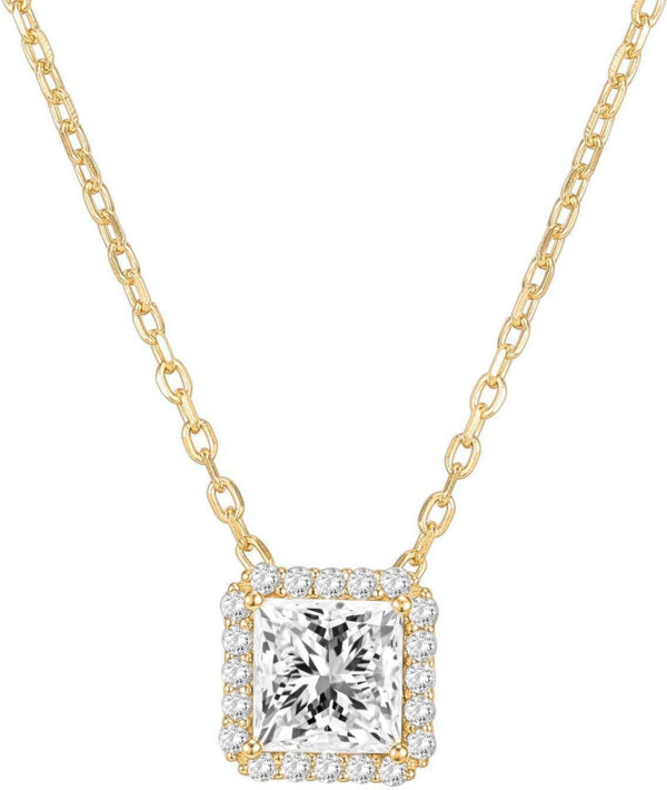 14K Gold Plated Post Faux Diamond Round Solitaire Pendant Halo Necklace | Gold Necklace for Women | Slider Adjustable