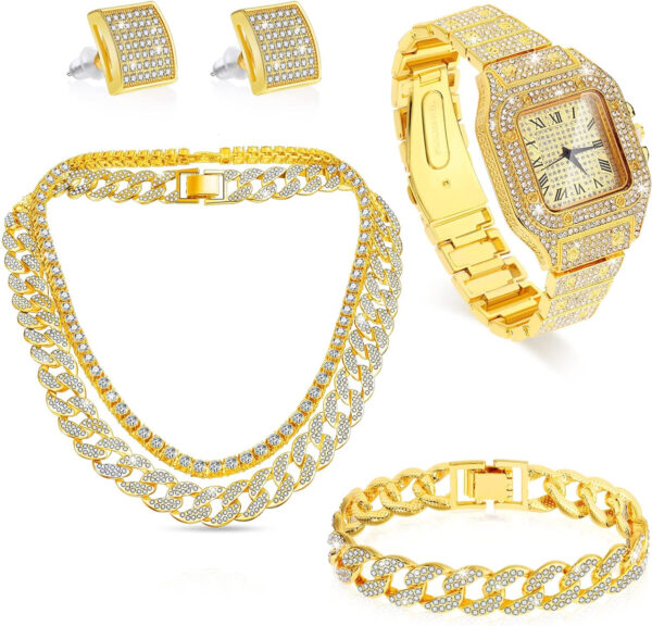 5 Pcs Hip Hop Jewelry Set with Miami Cuban Link Chain Necklace Bracelet Bling Crystal Diamond Watch Rhinestone Earrings