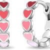 925 Sterling Silver Tiny Enamel Heart Huggie Hoop Earrings For Girls - Small Multicolored Heart Themed Hoops For Sweet Little