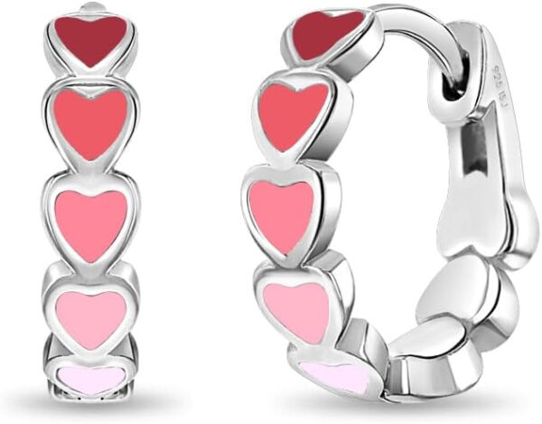 925 Sterling Silver Tiny Enamel Heart Huggie Hoop Earrings For Girls - Small Multicolored Heart Themed Hoops For Sweet Little 5 Product image