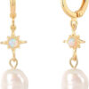 Rochas Jewelry Freshwater Cultured Pearl Earrings for Women 18K Gold Pearl Drop Earrings Dangle Small Huggie Hoop Earrings
