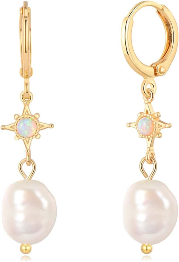 Rochas Jewelry Freshwater Cultured Pearl Earrings for Women 18K Gold Pearl Drop Earrings Dangle Small Huggie Hoop Earrings
