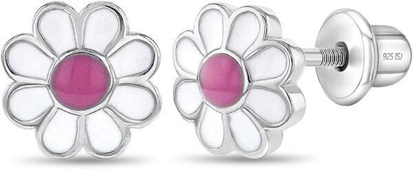 925 Sterling Silver Enamel Daisy Flower Girl's Earrings with Safety Screw Back Locking Best for Toddlers, Young Girls, and Pre 6 Product image