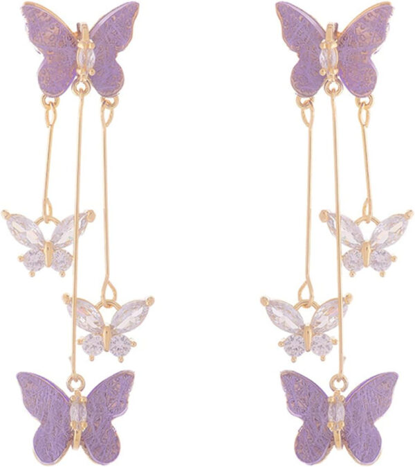 Purple Butterfly Tassel Style Zircon Earrings for Women Crystal Rhinestone Drop Earrings Long Butterfly Dangle Earrings Wedding