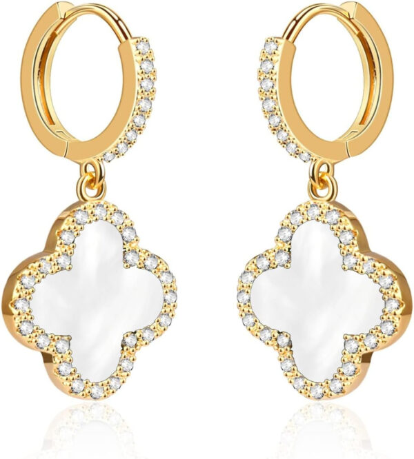 Huggie Hoop Clover Earrings for Women | Mother of Pearl Clover Dangle Hoop Earrings | Lovely Gift