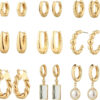 9 Pairs Gold Chunky Hoop Earrings Set for Women, 14K Gold Plated Twisted Huggie Hoop Earring Hypoallergenic, Lightweight Thick