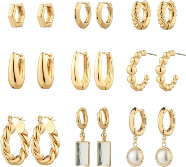 9 Pairs Gold Chunky Hoop Earrings Set for Women, 14K Gold Plated Twisted Huggie Hoop Earring Hypoallergenic, Lightweight Thick