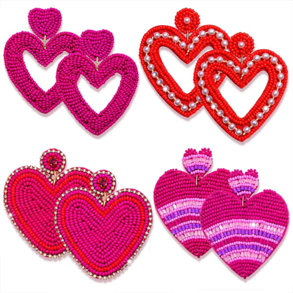 4Pairs Beaded Heart Earrings Valentine’s Day Earrings for Women Handmade Beaded Dangle Earrings Holiday Party Earrings 7 Product image