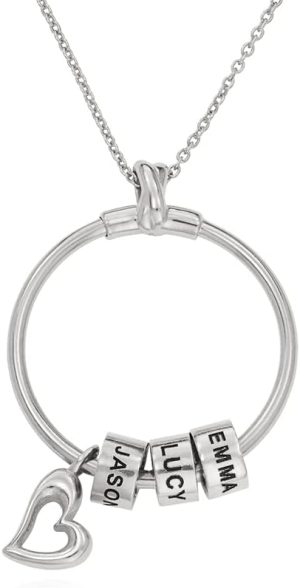 Rochas Jewelry - Personalized Circle Necklace with Engraved Stacking Beads/Up to 5 Charms with Hanging Leaf & CZ Stone for 4 Product image