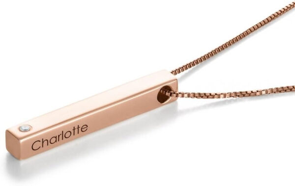 Rochas Jewelry – Personalized 4-Sided Vertical 3D Bar Necklace Pendant – Custom Made Engraved Text- Precious Metals Sterling