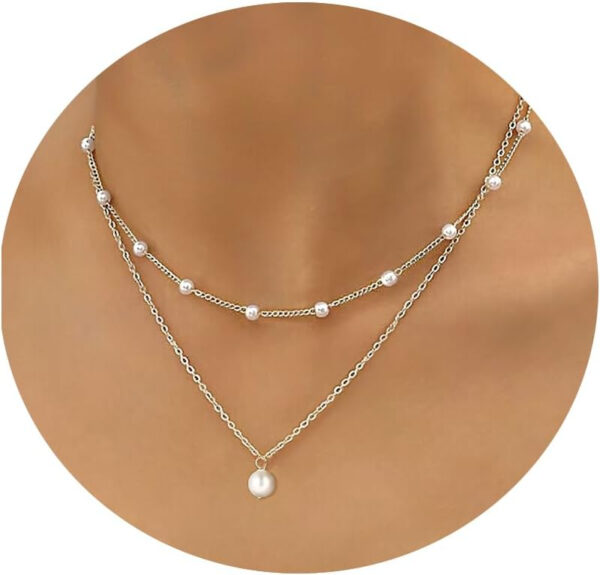 Gold Pearl Necklace for Women, 14K Gold Plated Layered Freshwater Pearl Necklaces for Women Trendy Simple Herringbone Chain