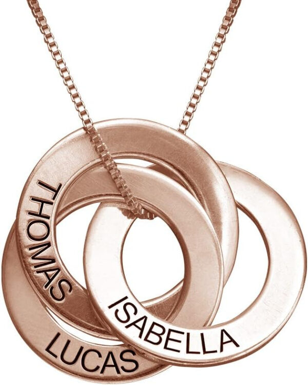 Rochas Jewelry - Personalized Russian Ring Name Necklace - in Sterling Silver, Rose Gold & Gold Plating - 3 Round Discs Pendant