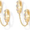 Rochas Jewelry 14K Gold Chain Earrings for Women | Double Piercing Dangle Chain Huggie Hoop Earrings | Cubic Zirconia Pearl Stud