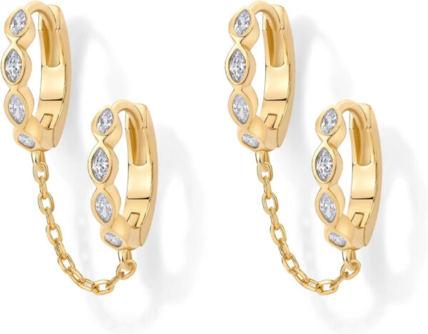 Rochas Jewelry 14K Gold Chain Earrings for Women | Double Piercing Dangle Chain Huggie Hoop Earrings | Cubic Zirconia Pearl Stud