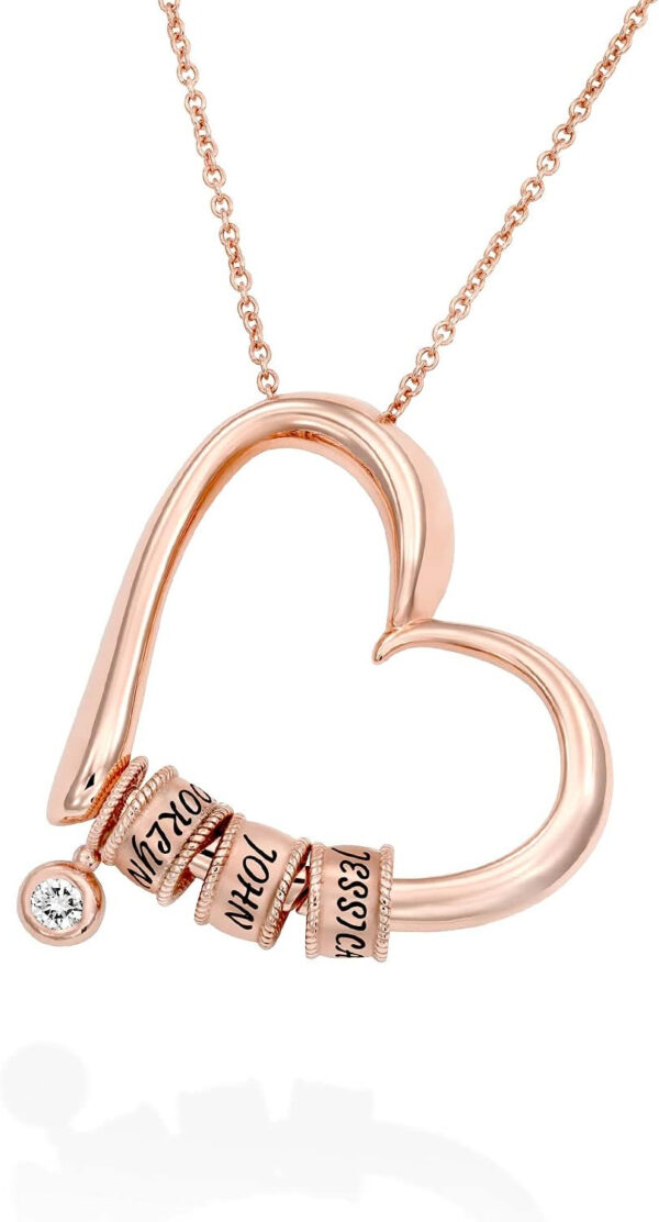 Rochas Jewelry - Personalized Heart Shape Necklace with Engraved Beads for Women, Custom Inscribed Names, Optional Diamond