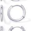 Rochas Jewelry 18K Gold Plated 925 Sterling Silver Posts 3 Pairs Small Hoop Earrings Set | Cubic Zirconia Plain Rope Huggie