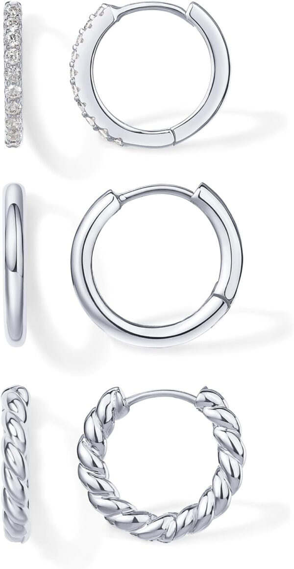 Rochas Jewelry 18K Gold Plated 925 Sterling Silver Posts 3 Pairs Small Hoop Earrings Set | Cubic Zirconia Plain Rope Huggie