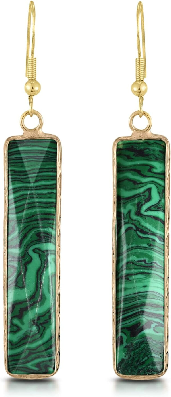 Rochas Jewelry Beautiful Green Rectangular Malachite Gold-Plated Silver Dangle Earrings | Bohemian Inspired Earrings for Women