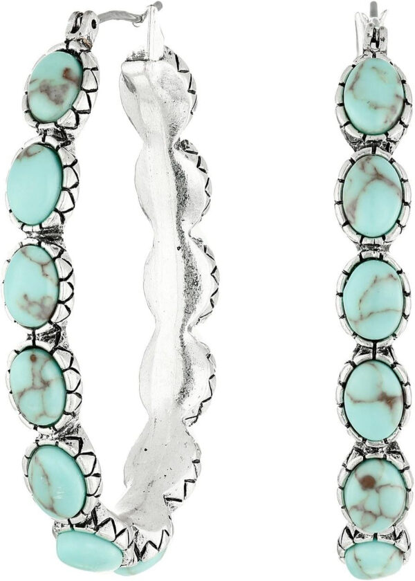 Rochas Jewelry Silver-Tone and Faux Turquoise Hoop Earrings