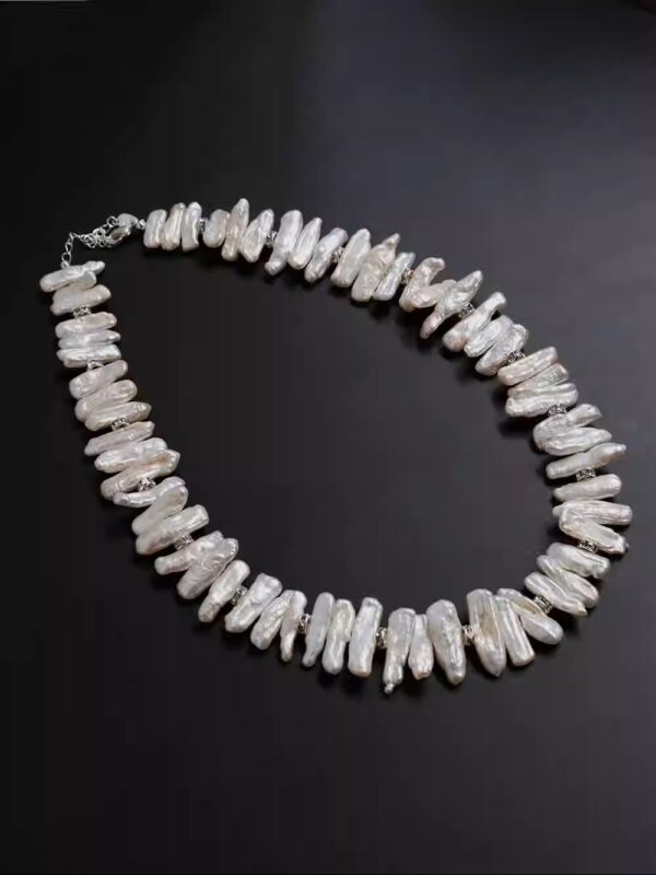 Genuine BIWA Stick Pearl Necklace – Lustrous White Freshwater Cultured Pearls – Elegant 925 Silver Clasp – Handmade Organic Statement Jewelry