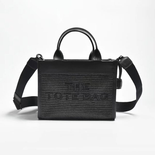 Women's The Woven Leather Canvas Medium Tote Bag Black with crossbody webbing strap
