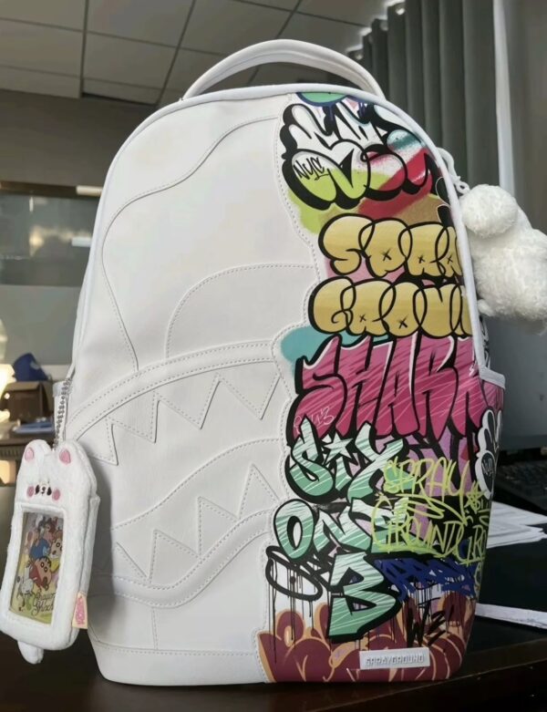 Sprayground Shark DLXV Leather Bag Backpack Half Graff White Zipper Pocket